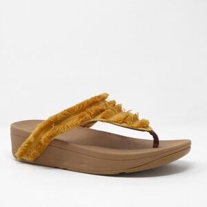 Fitflop Women Lottie Fringe Thong  Mustard Yellow Wedge Flip Flop Sandals Size 7